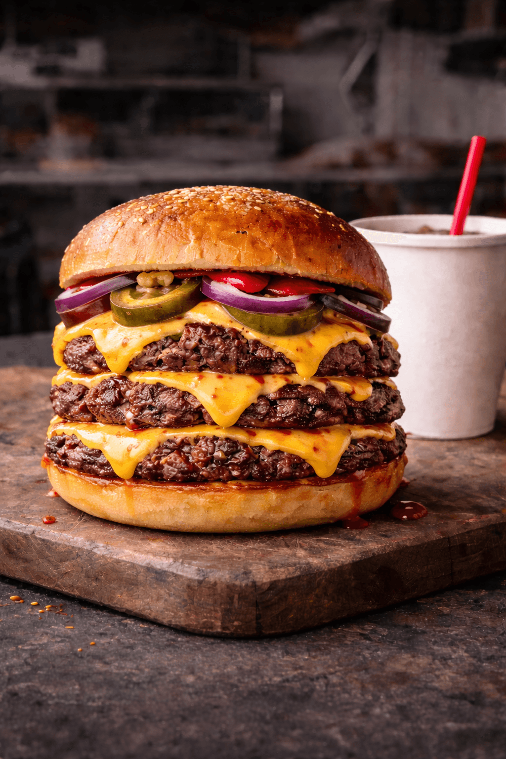 Signature Smash Burger — stacked double patties with cheese, bacon, and all the fixings